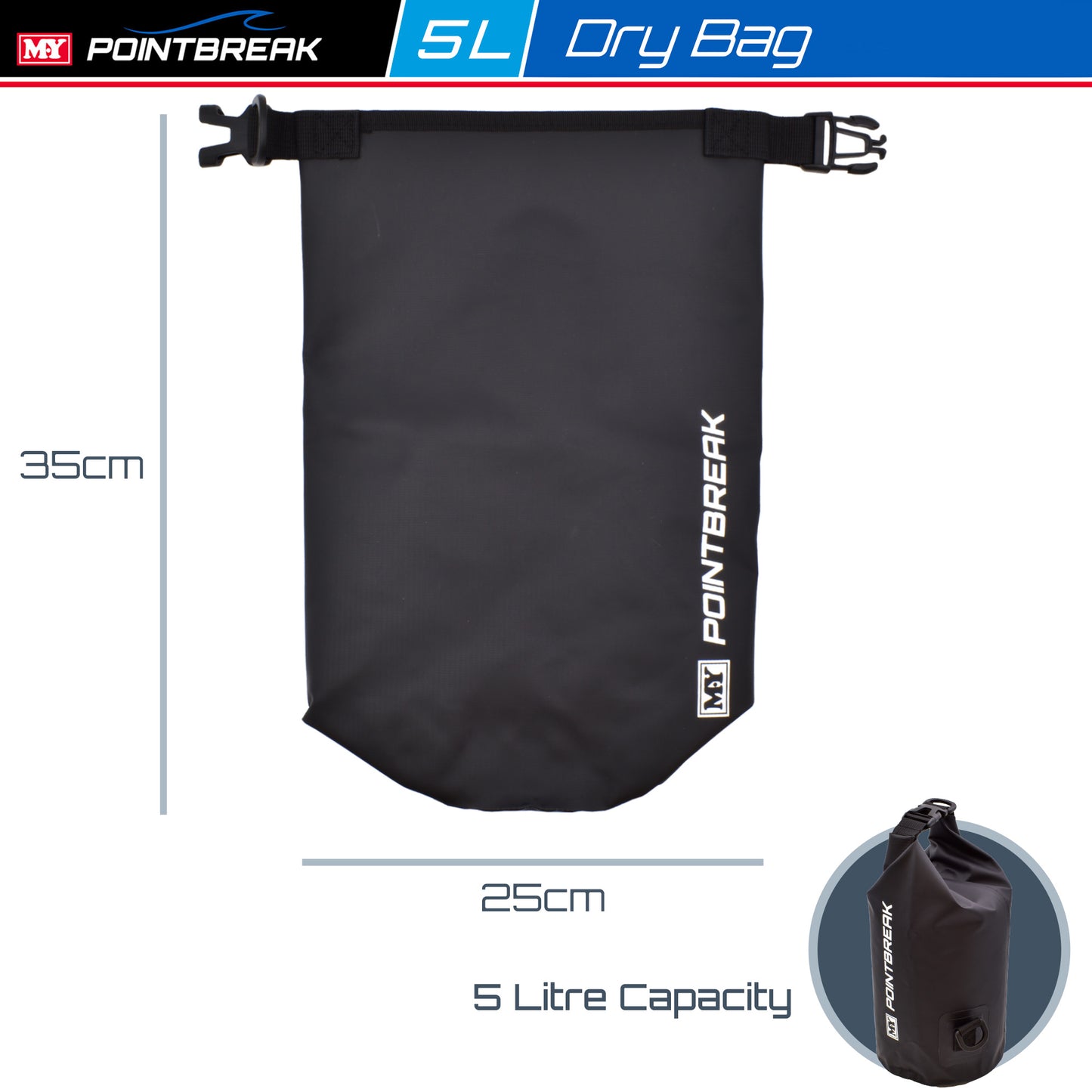 M.Y Point Break Black 5L Dry Bag | Adjustable Strap | Waterproof Dry Bag for Kayaking, Fishing, Canoeing, Hiking