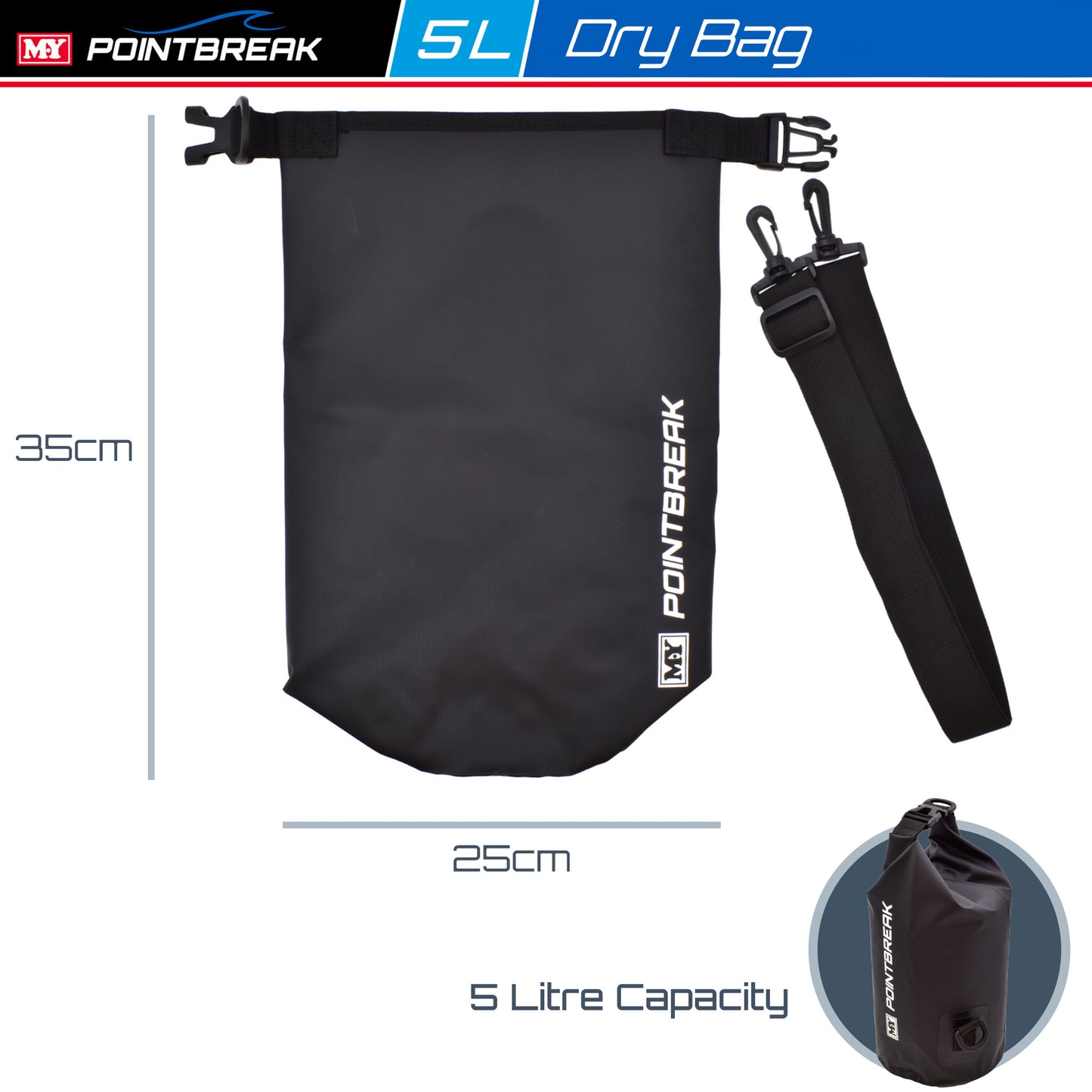 M.Y Point Break Black 5L Dry Bag | Adjustable Strap | Waterproof Dry Bag for Kayaking, Fishing, Canoeing, Hiking