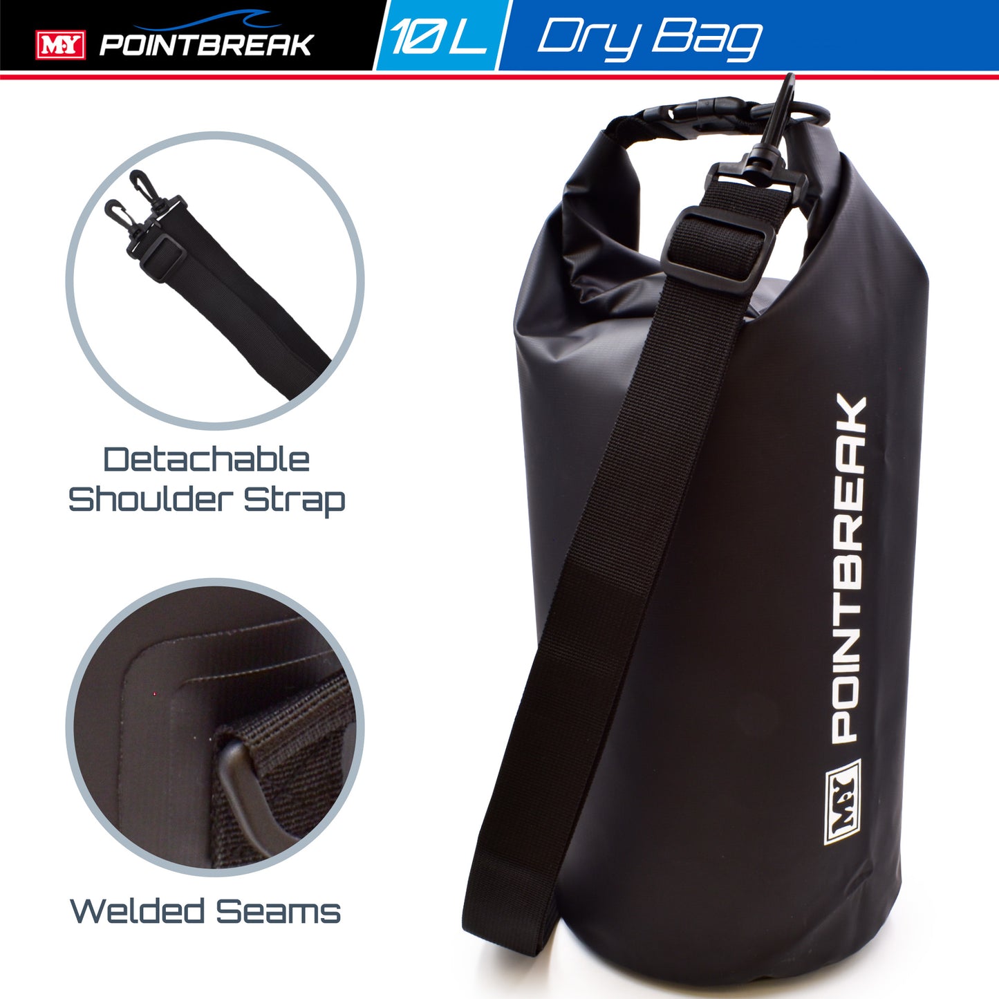 M.Y Point Break Black 10L Dry Bag | Adjustable Strap | Waterproof Dry Bag for Kayaking, Fishing, Canoeing, Hiking
