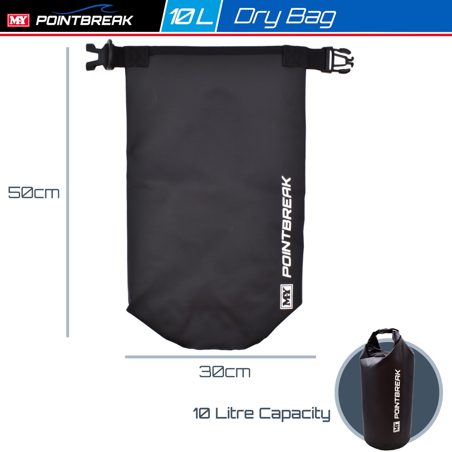 M.Y Point Break Black 10L Dry Bag | Adjustable Strap | Waterproof Dry Bag for Kayaking, Fishing, Canoeing, Hiking