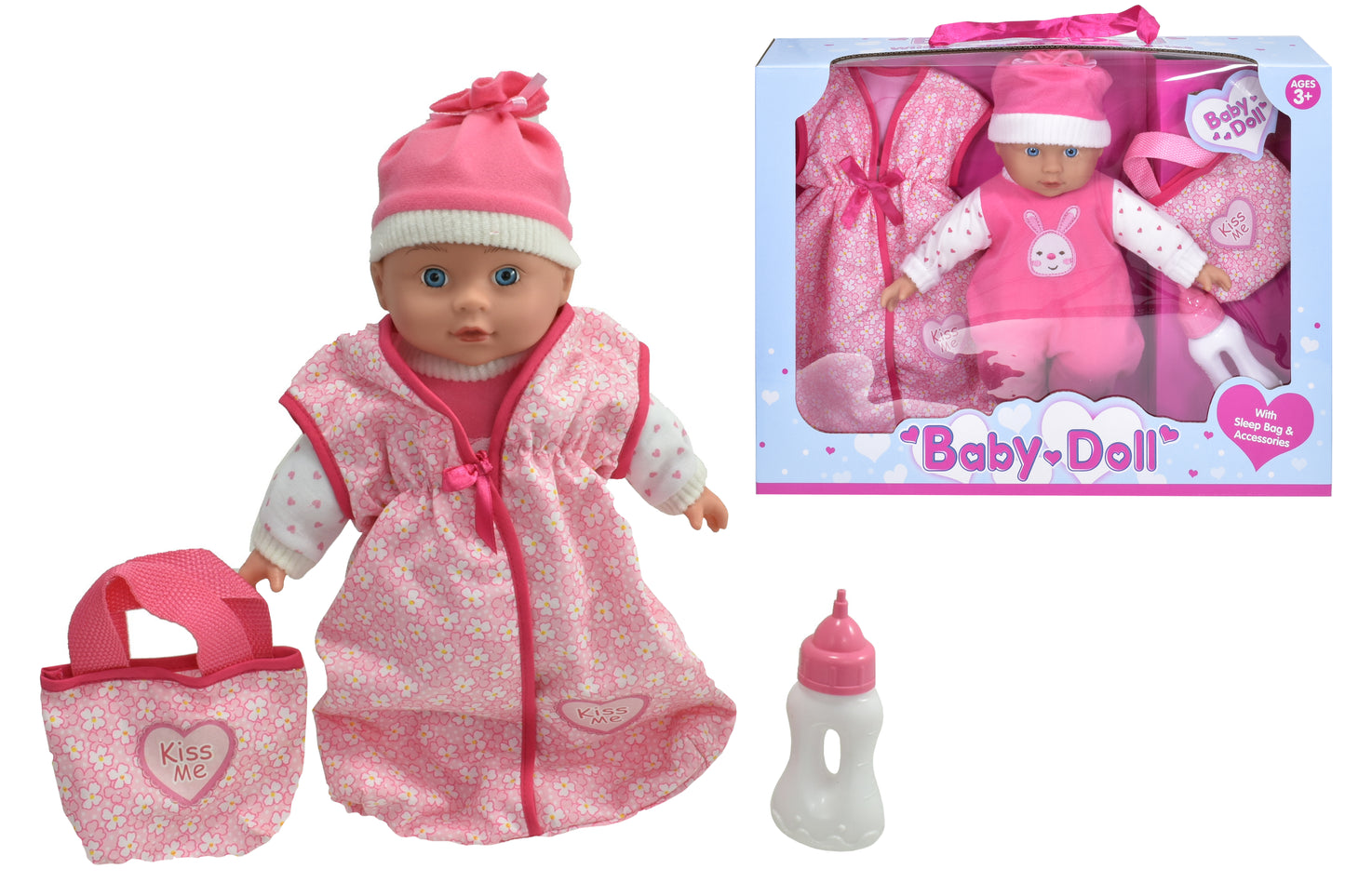 13" VINYL BABY DOLL WITH SLEEP BAG & ACCESSORIES