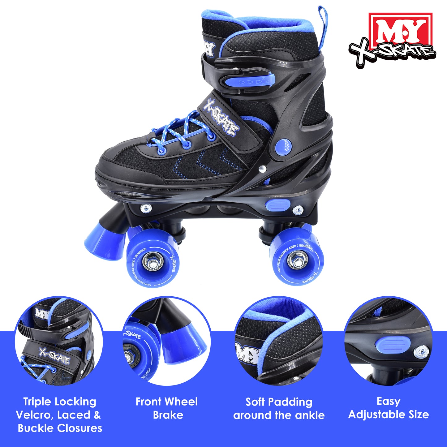M.Y X-Skate Adjustable Blue Quad Roller Skates with Built In Adjusters Kids Roller Boots for Boys & Girls - Medium