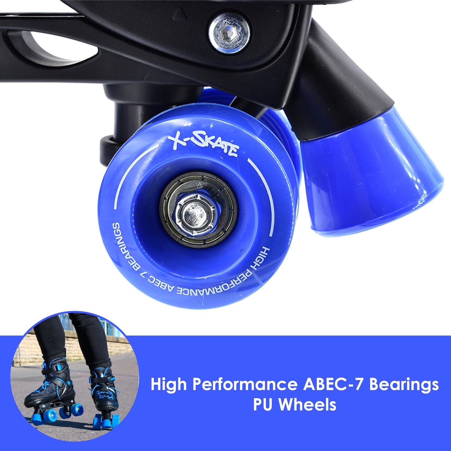 M.Y X-Skate Adjustable Blue Quad Roller Skates with Built In Adjusters Kids Roller Boots for Boys & Girls - Large