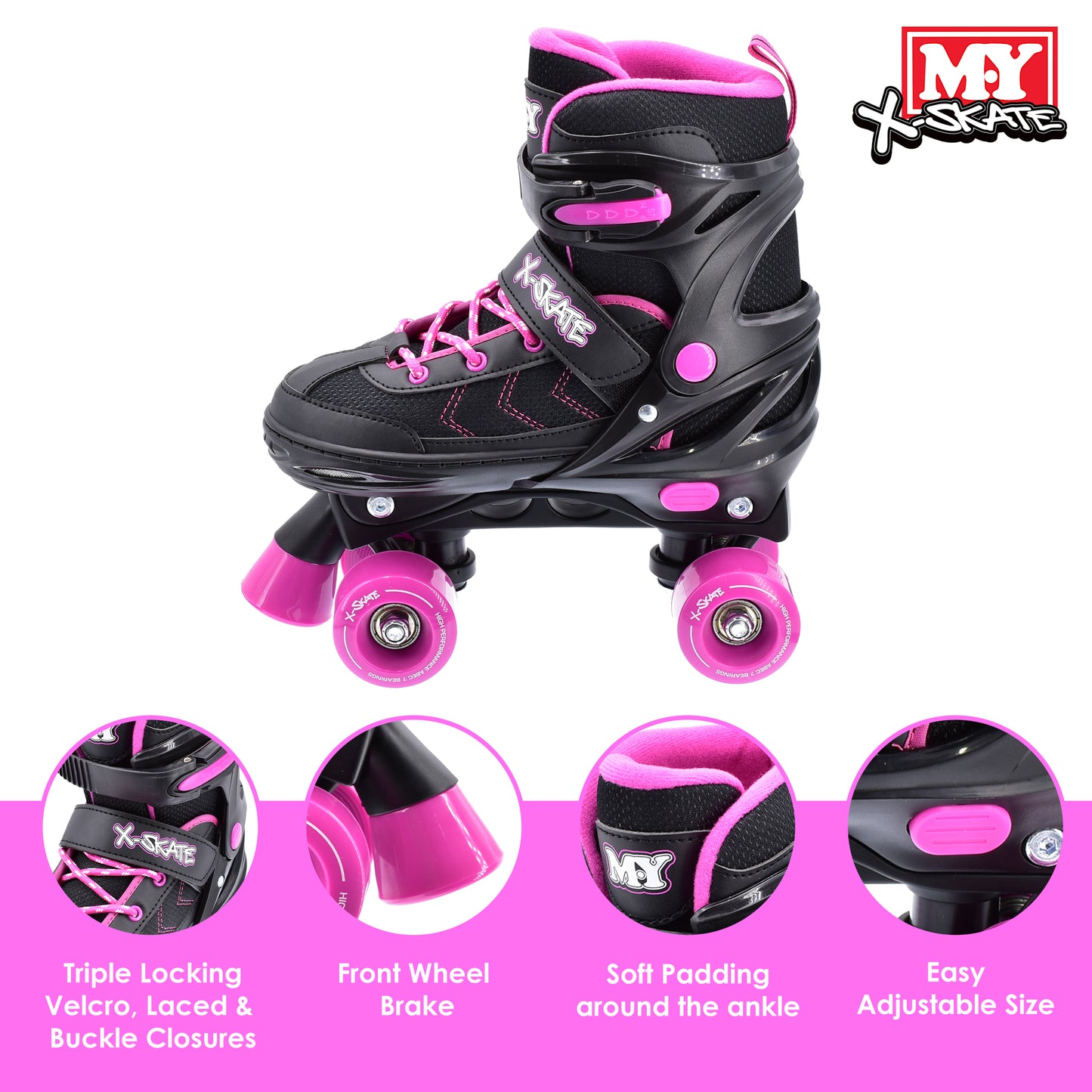 M.Y X-Skate Adjustable Pink Quad Roller Skates with Built In Adjusters Kids Roller Boots for Boys & Girls - Medium