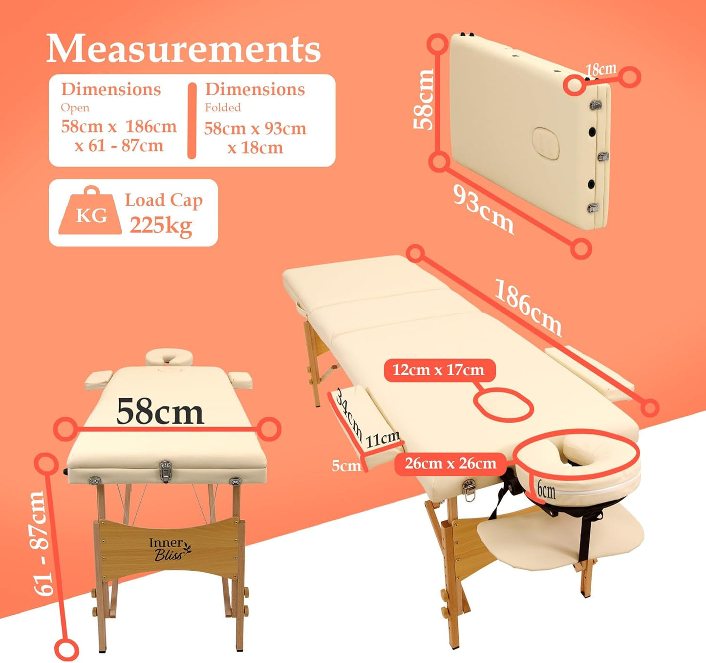 Inner Bliss Portable Massage Table 3 Section Folding Therapy Spa Bed