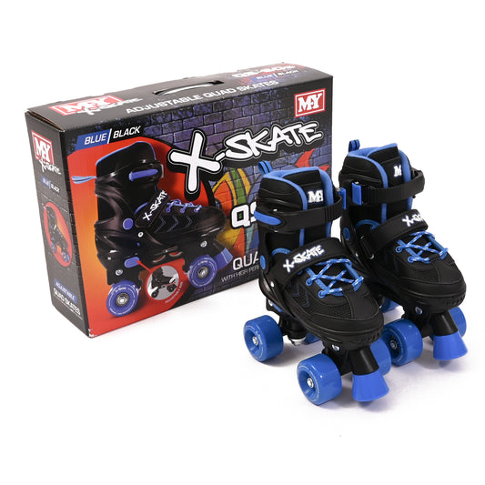 M.Y X-Skate Adjustable Blue Quad Roller Skates with Built In Adjusters Kids Roller Boots for Boys & Girls - Small
