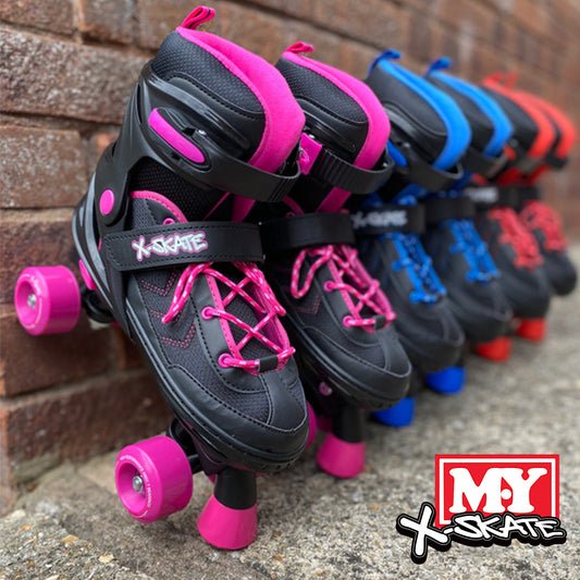 M.Y X-Skate Adjustable Blue Quad Roller Skates with Built In Adjusters Kids Roller Boots for Boys & Girls - Large