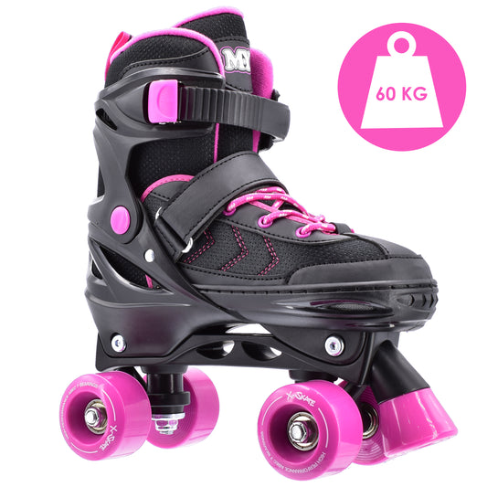 M.Y X-Skate Adjustable Pink Quad Roller Skates with Built In Adjusters Kids Roller Boots for Boys & Girls - Medium