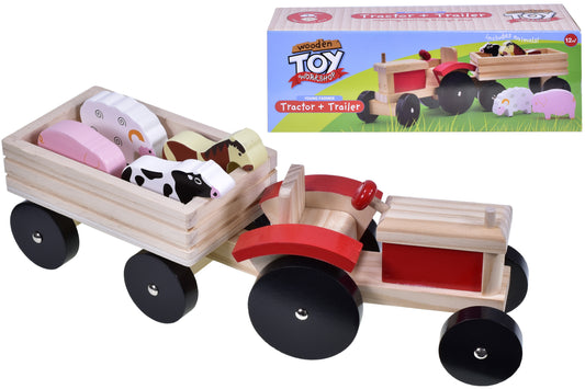 WOODEN TRACTOR & TRAILER PLAYSET IN COLOUR BOX